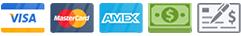 Icons of various payment methods including Visa, MasterCard, American Express, cash, and check, relevant for plumbing renovation services and homeowner financing options in 2025.