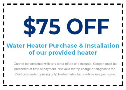 $75 off coupon for water heater purchase and installation, featuring terms and conditions for Plumbing Techs services in Oak Park, MI.