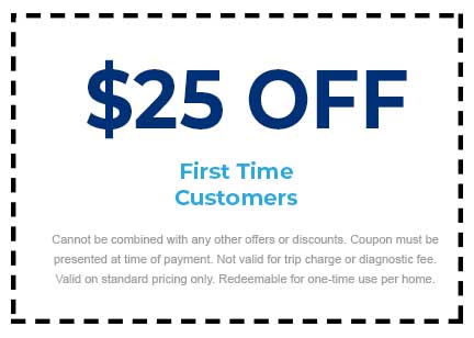 $25 off coupon for first-time customers of Plumbing Techs, featuring terms and conditions for plumbing service discounts.