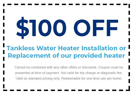 $100 off coupon for tankless water heater installation or replacement, featuring discount terms and conditions relevant to Plumbing Techs services in Oak Park, MI.
