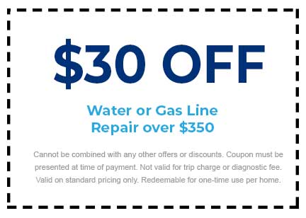 $30 off coupon for water or gas line repair over $350, with terms stating it cannot be combined with other offers and is valid for one-time use per home.