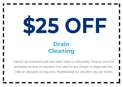 $25 off coupon for drain cleaning service, highlighting terms and conditions for Plumbing Techs' plumbing discounts.