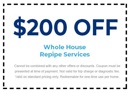 $200 off whole house repipe services coupon for Plumbing Techs, not combinable with other offers, valid for one-time use per home.