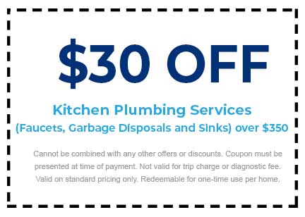$30 off kitchen plumbing services coupon for faucets, garbage disposals, and sinks over $350, with terms stating one-time use per home and not combinable with other offers.