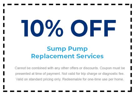 10% off coupon for sump pump replacement services from Plumbing Techs, Oak Park, MI, with terms and conditions noted.