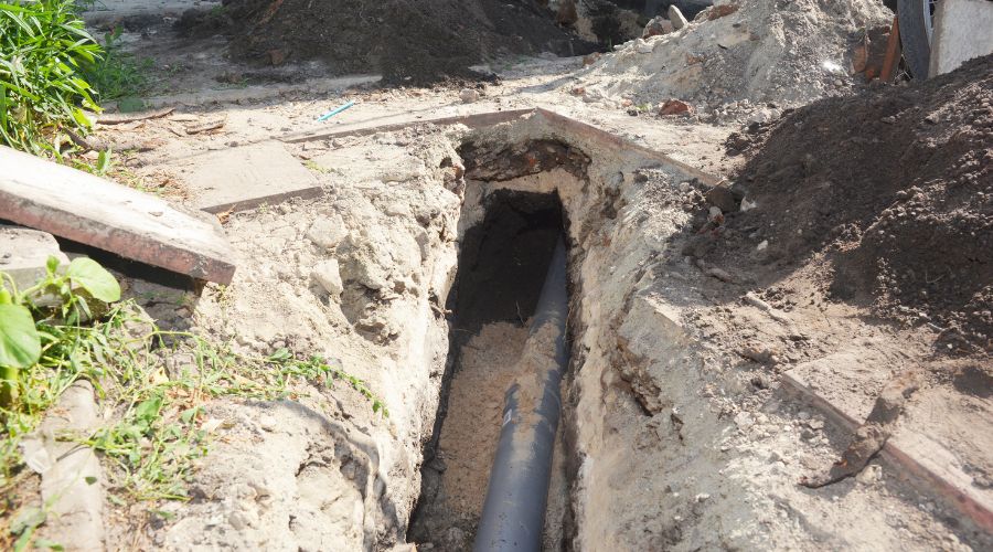 Excavated trench revealing a buried water line, surrounded by dirt and debris, emphasizing the importance of plumbing maintenance and repair services in Oak Park and Wixom, MI.