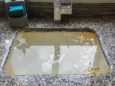 Clogged kitchen sink filled with dirty water and debris, indicating a need for professional drain cleaning to prevent plumbing issues.